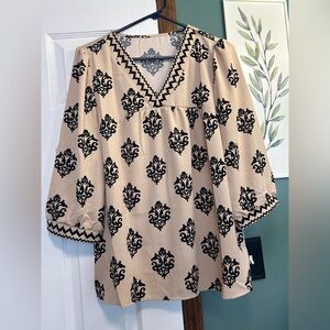 Women's Cream Top with Black Damask Print
